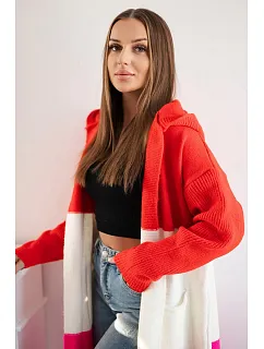 Pruhovaný svetr s kapucí červená+ecru+růžová neon