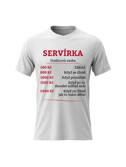 Dámské bavlněné tričko s potiskem - HODINOVÁ SAZBA SERVÍRKA - bílé Dámské bavlněné tričko s potiskem - HODINOVÁ SAZBA SERVÍRKA - bílé