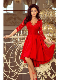 Červené dámské šaty s delším zadním dílem a krajkovým výstřihem model 7162273