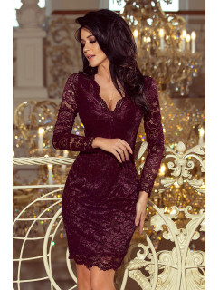 Dámské krajkové šaty v tmavě švestkové barvě s dlouhými rukávy a výstřihem 170-10