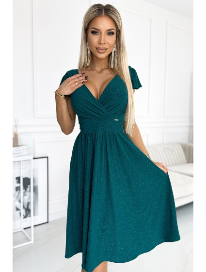 MATILDE - Zelené dámské šaty s brokátem, výstřihem a krátkými rukávy 425-6