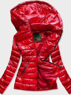 Krátká červená prošívaná dámská bunda s kapucí (CAN-333)