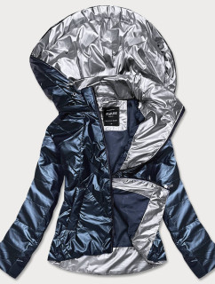 Šedomodrá dámská bunda se stříbrnou kapucí (RQW-7008)