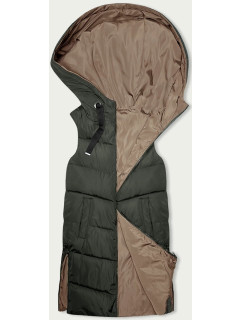 Khaki-béžová dlouhá dámská oboustranná vesta (B8248-11)