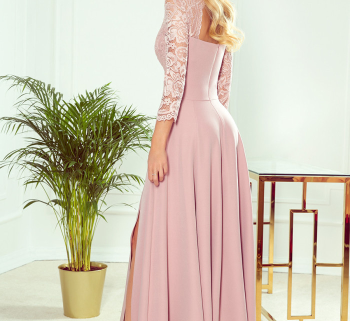 AMBER - Elegantní dlouhé krajkové dámské šaty v pudrově růžové barvě s dekoltem 309-4