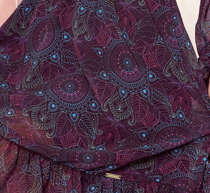 BAKARI - vzdušné šifonové dámské šaty s dekoltem a se vzorem růžovo-světle modrých mandal 295-4