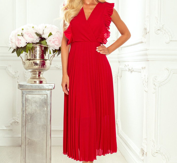 EMILY - Červené dámské plisované šaty s volánky a výstřihem 315-3