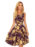 Rozšířené dámské šaty se vzorem zlatých listů a s výstřihem ve tvaru srdce 114-13