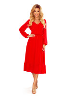 Červené dámské šifonové midi šaty s volánkem a dekoltem 304-3