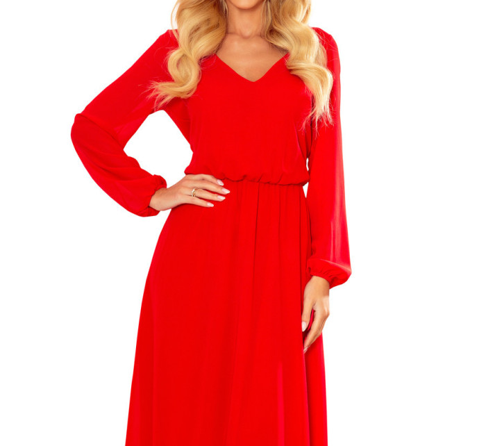 Červené dámské šifonové midi šaty s volánkem a dekoltem 304-3