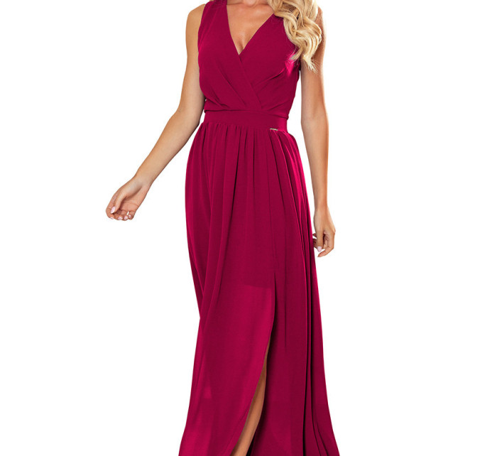 JUSTINE - Dlouhé dámské šaty v bordó barvě s výstřihem a zavazováním 362-5