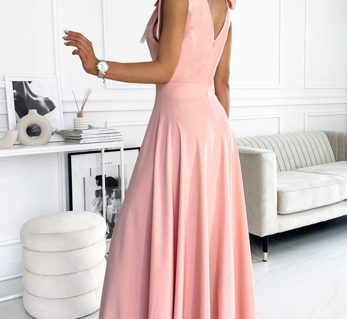 ELENA - Dlouhé dámské šaty ve špinavě růžové barvě s výstřihem a zavazováním na ramenou 405-3