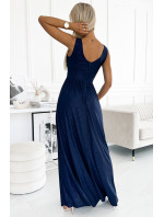 SUSAN - Tmavě modré dlouhé brokátové dámské šaty s výstřihem a prošitím v pase 490-1