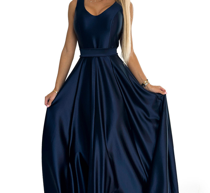 CINDY - Tmavě modré dlouhé dámské saténové šaty s výstřihem a mašlí 508-1