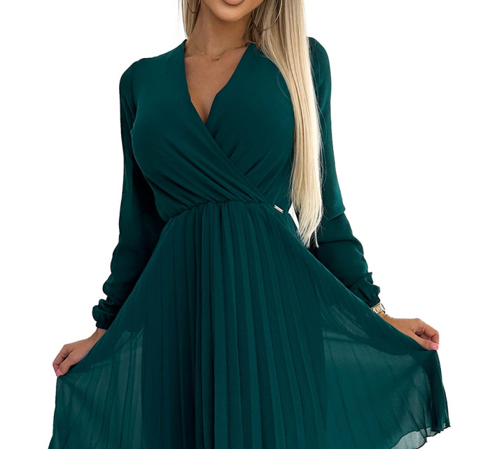 ISABELLE - Zelené dámské plisované šifonové šaty s výstřihem 313-14