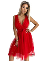 Červené tylové dámské šaty s výstřihem a mašličkou 523-2