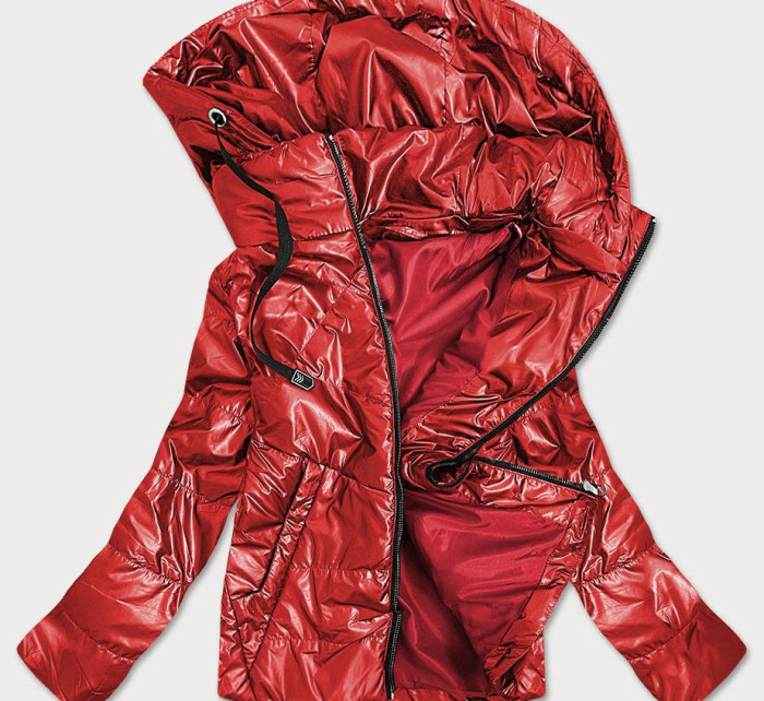 Červená lesklá dámská bunda s kapucí (B9575)