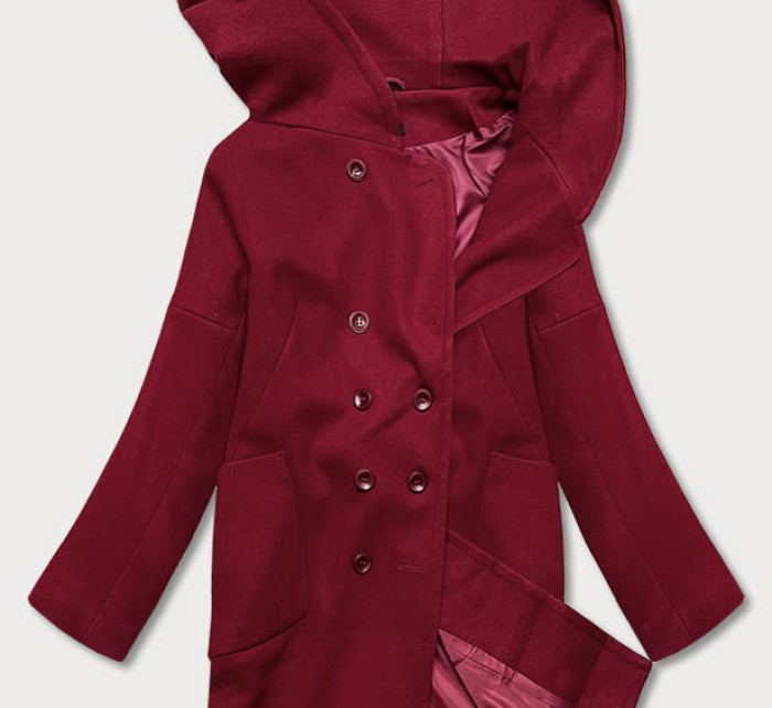 Dámský kabát plus size v bordó barvě s kapucí (2728)