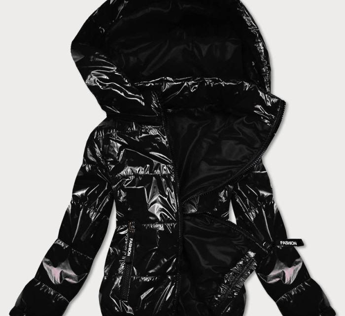 Lesklá černá prošívaná bunda s kapucí (BR9788-1)