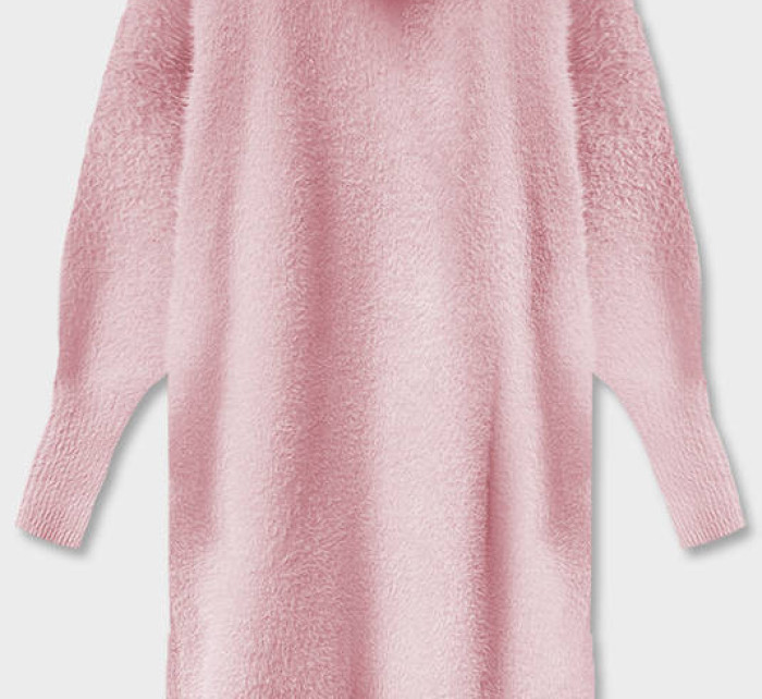 Bledě růžový dlouhý vlněný přehoz přes oblečení typu alpaka s kapucí (M105)