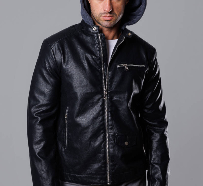 Černá pánská bunda z ekokůže s teplákovou kapucí (11Z8022)