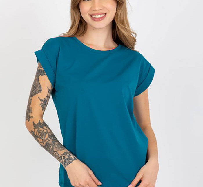 Bavlněné dámské tričko t-shirt v mořské barvě s ohrnutými rukávky Feel Good (4833-25)