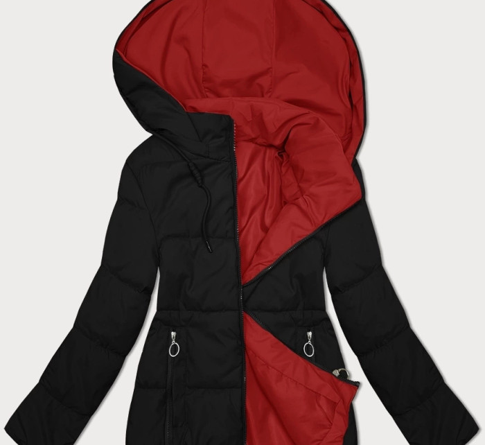 Černo-červená oboustranná dámská krátká bunda s kapucí (16M2155-270)