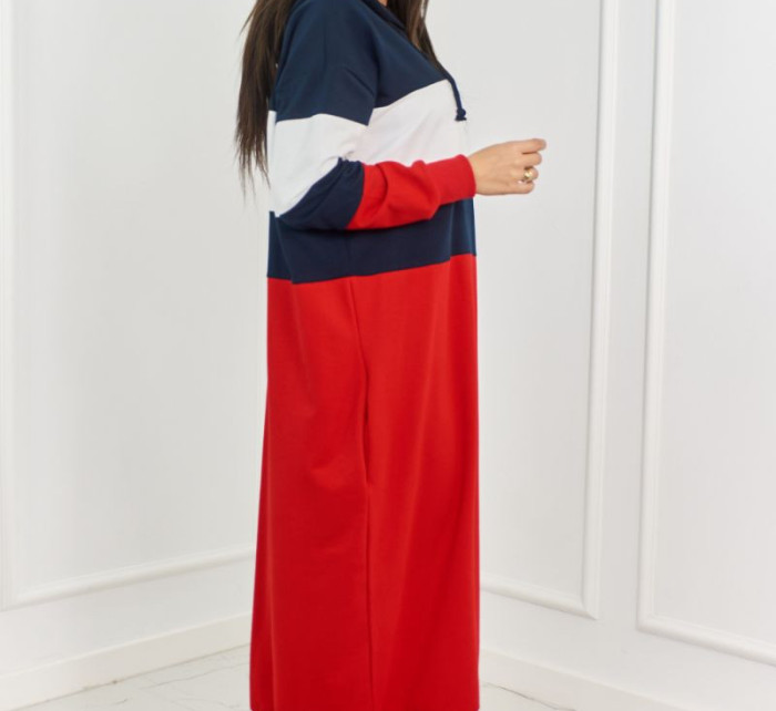 Trikolorní šaty s kapucí námořnická modř + bílá + červená