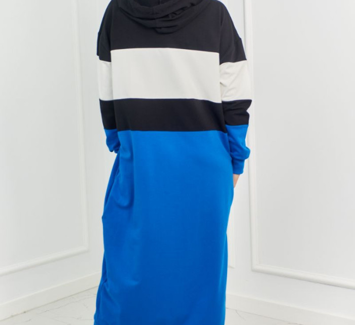 Trikolorní šaty s kapucí Černá + ecru + chrpa