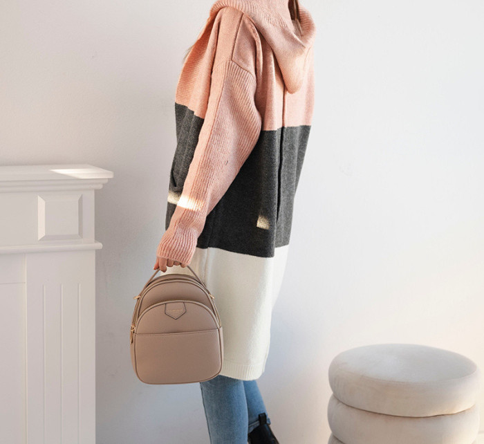 Pruhovaný svetr s kapucí pudrově růžová+grafitová+ecru
