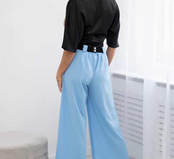 Viskózové kalhoty s širokými nohavicemi modrý