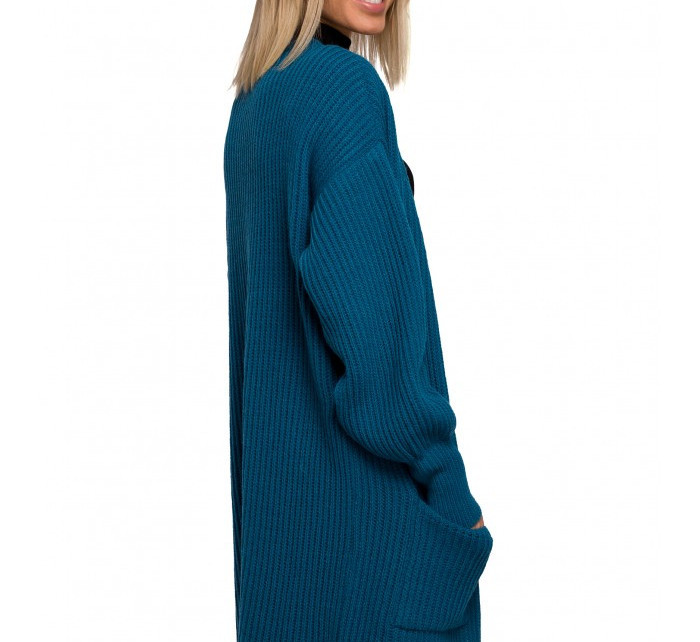 M538 Žebrovaný pletený svetr s kapsami - oceánsky modrý