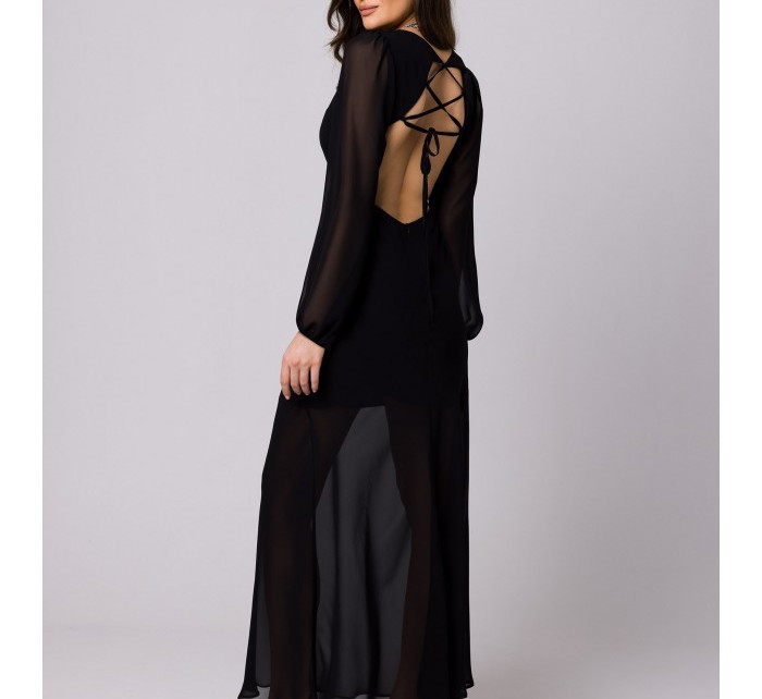 K166 Šifonové šaty s otevřenými zády - černé