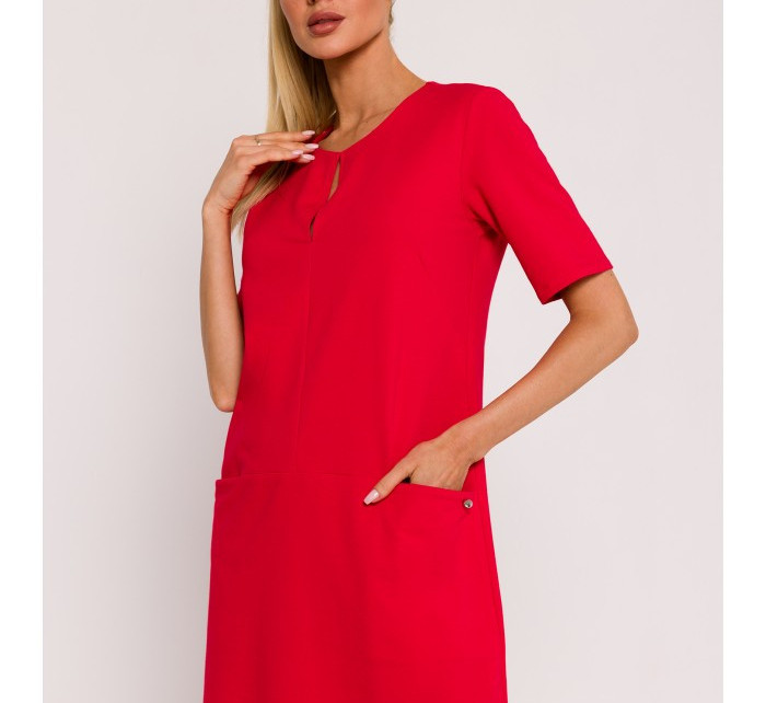 M788 Trapézové šaty s předními kapsami - červené