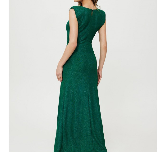 K186 Úpletové maxi šaty s kovovými vycpávkami na ramenou - smaragdové
