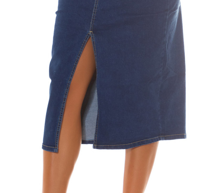 Sexy tmavá džínová midi sukně s vysokým pasem a rozparkem
