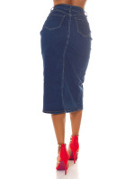 Sexy tmavá džínová midi sukně s vysokým pasem a rozparkem